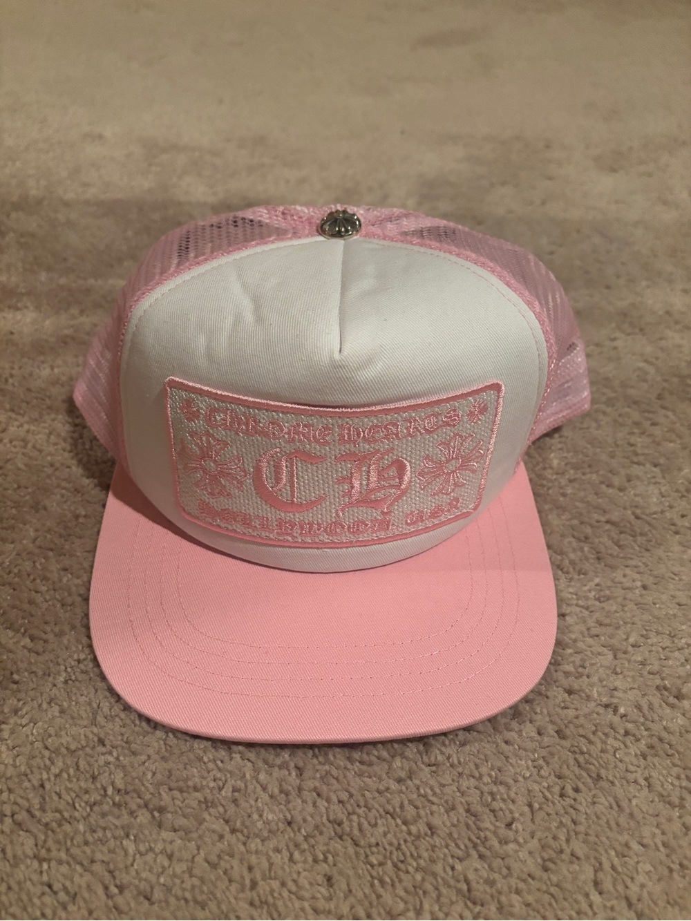 Chrome Hearts Pink and White Kids Trucker Hat with Embroidered Patch